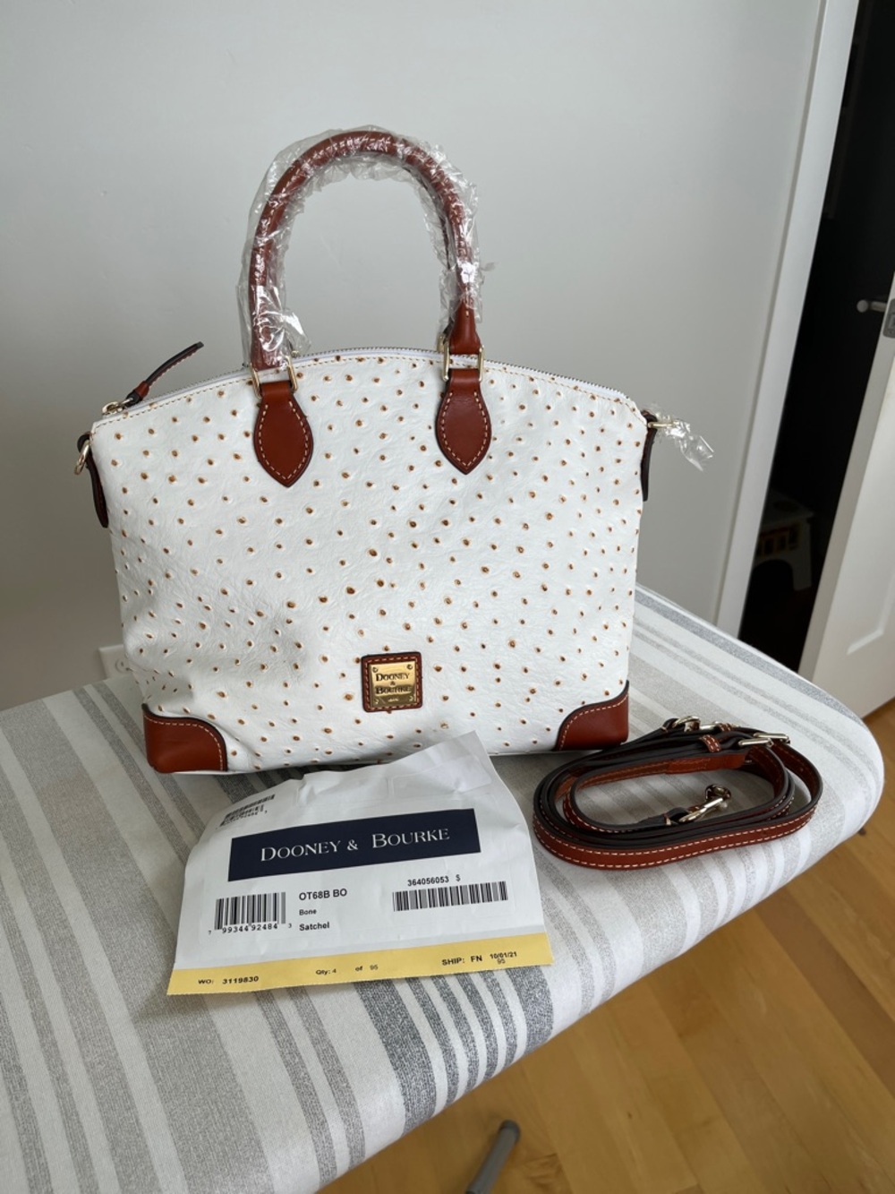 Dooney & Bourke White Satchel with Brown Trim and Gold Studs